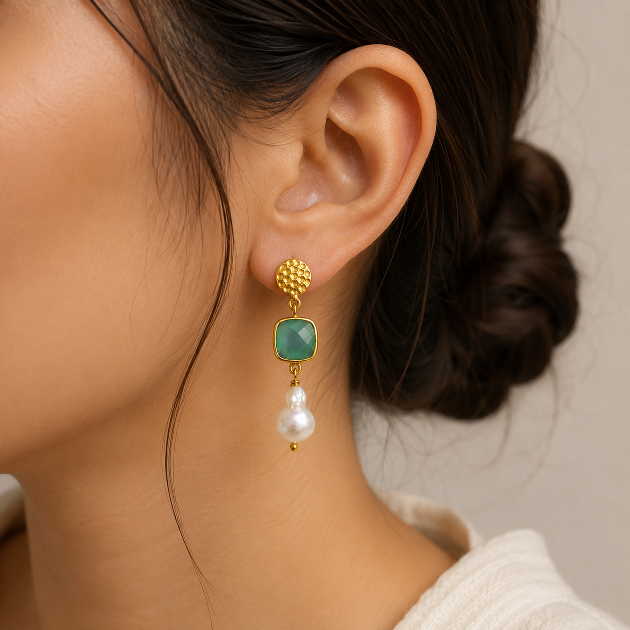 Baroque Pearl & Emerald Cushion Drops – Gold Plated Gemstone Statement Earrings