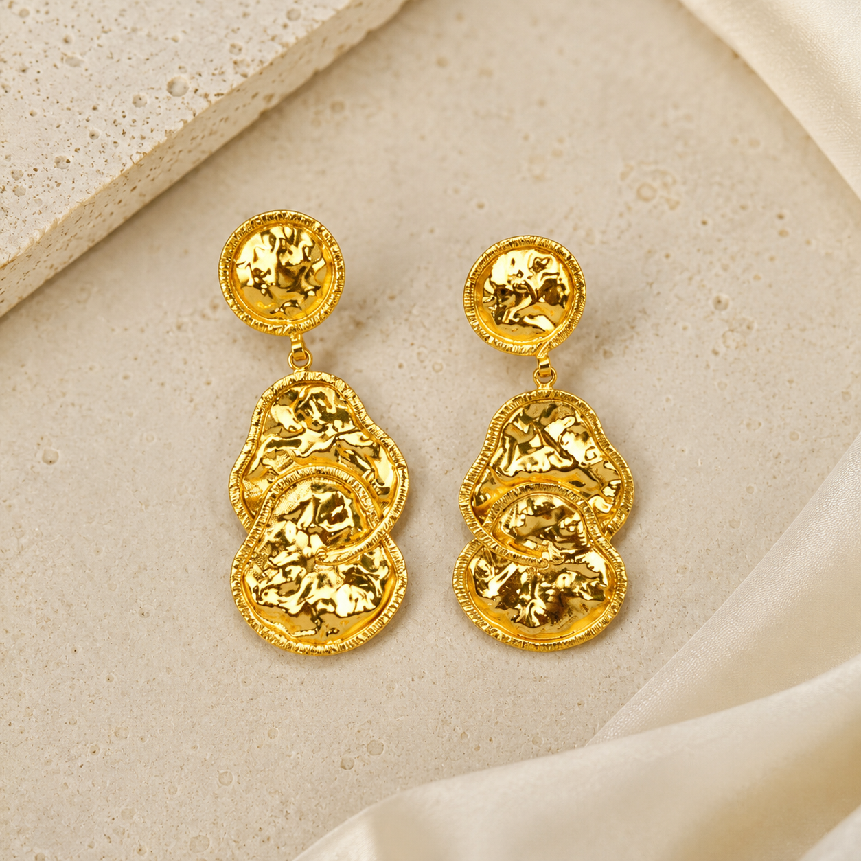 The Byzantine Hammered Coin Drops – Gold Plated Sculptural Tiered Medallion Earrings