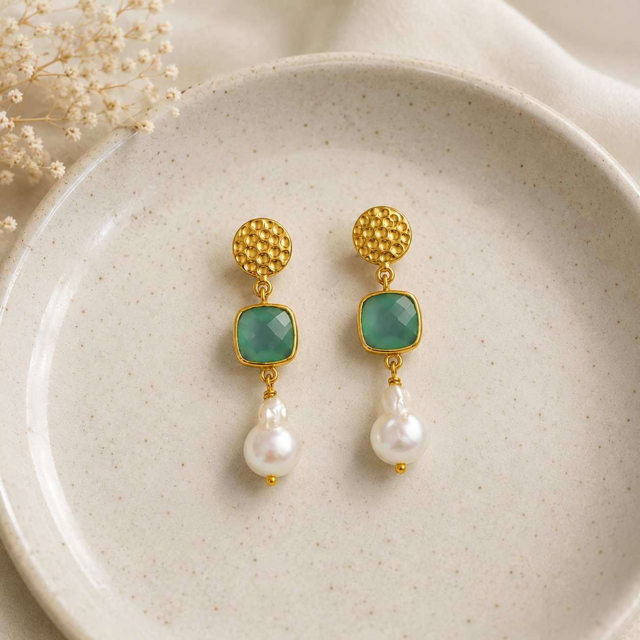 Baroque Pearl & Emerald Cushion Drops – Gold Plated Gemstone Statement Earrings