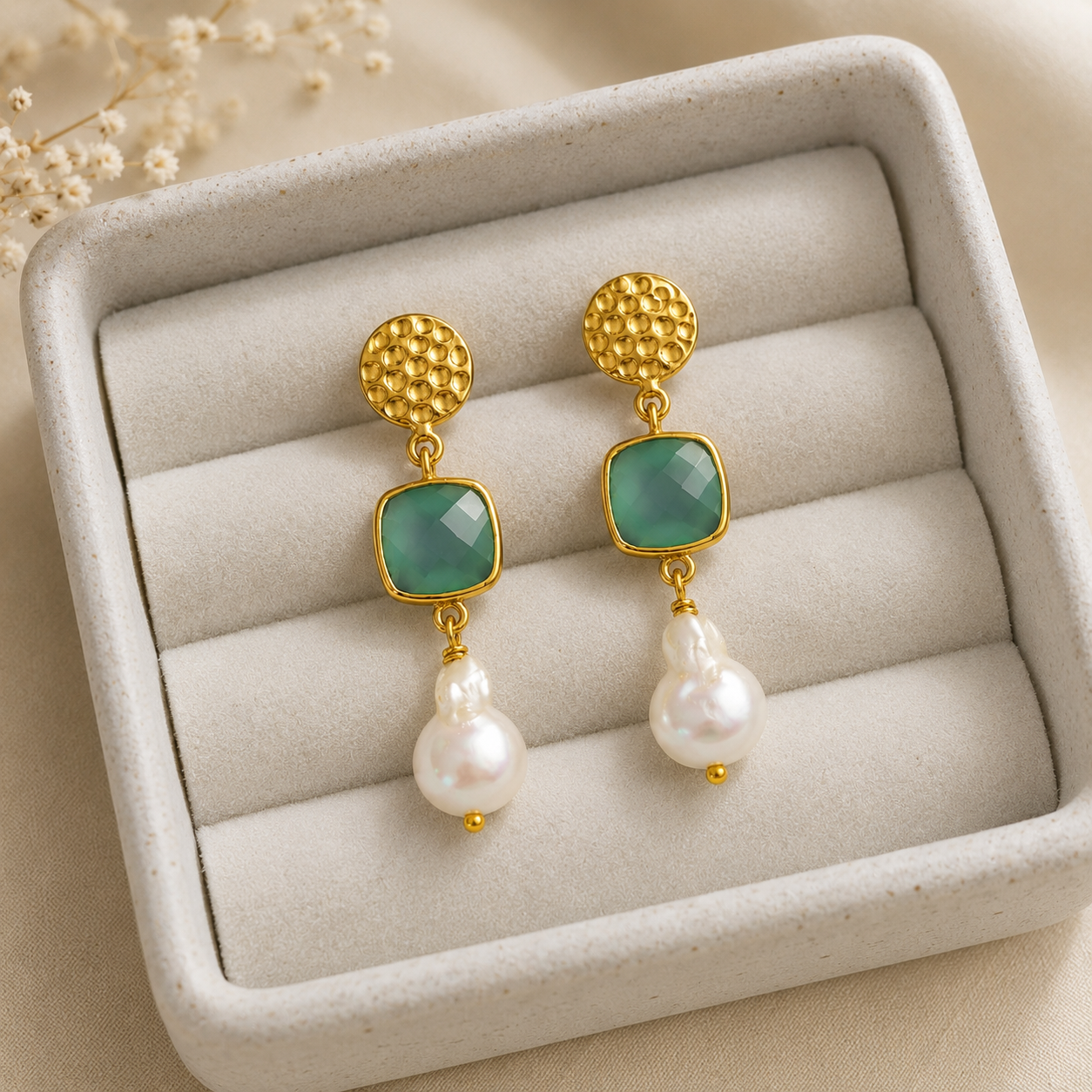 Baroque Pearl & Emerald Cushion Drops – Gold Plated Gemstone Statement Earrings