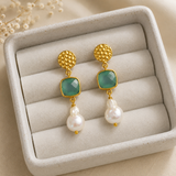 Baroque Pearl & Emerald Cushion Drops – Gold Plated Gemstone Statement Earrings
