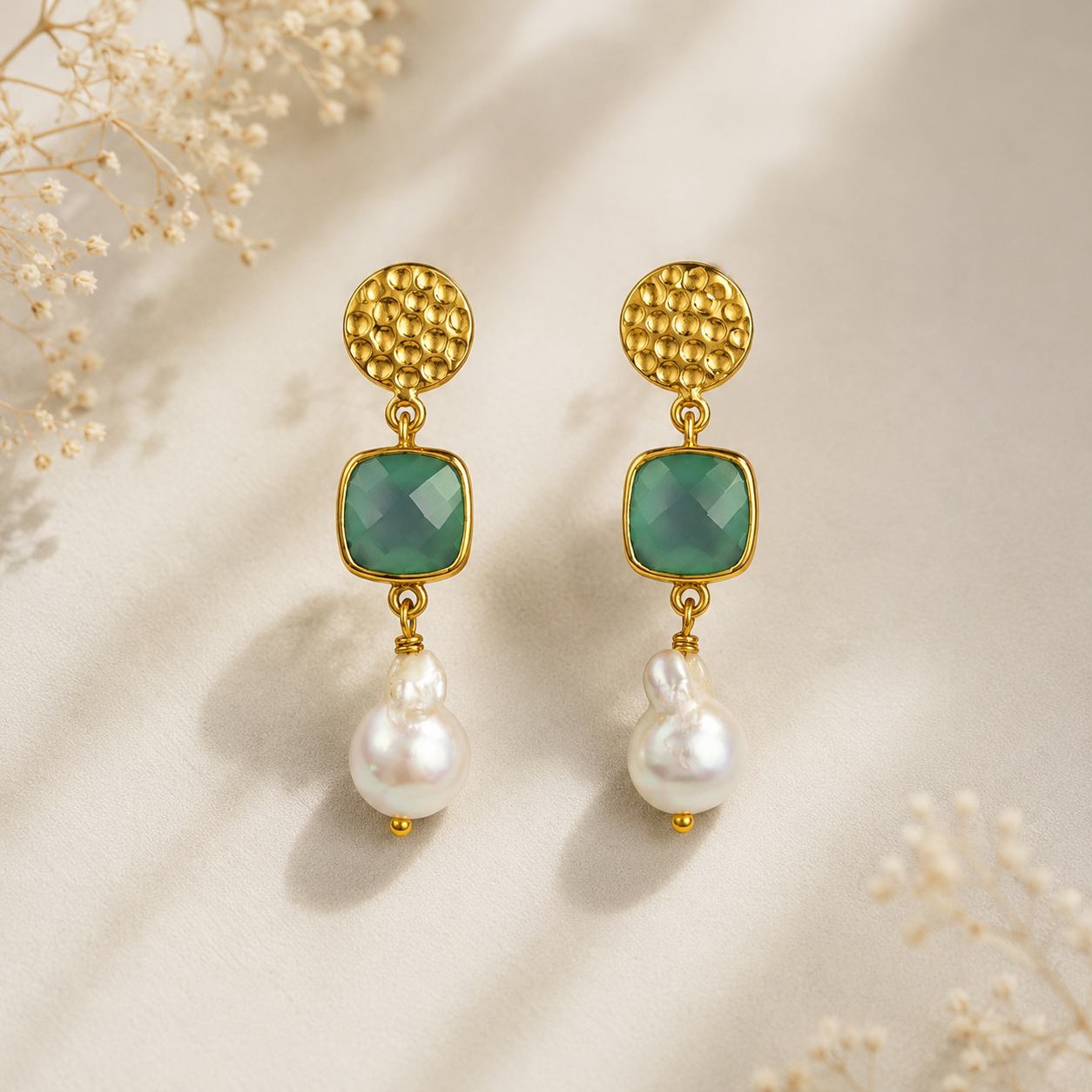 Baroque Pearl & Emerald Cushion Drops – Gold Plated Gemstone Statement Earrings