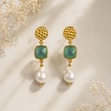 Baroque Pearl & Emerald Cushion Drops – Gold Plated Gemstone Statement Earrings