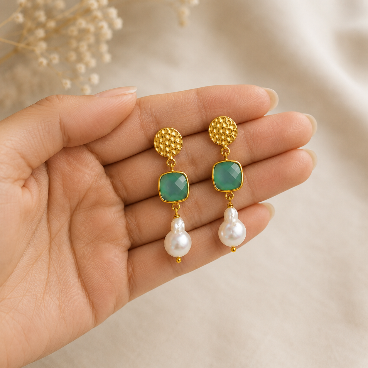Baroque Pearl & Emerald Cushion Drops – Gold Plated Gemstone Statement Earrings