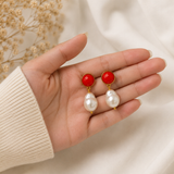 The Scarlet Baroque Pearl Drops – Gold Plated Red Cabochon Statement Earrings