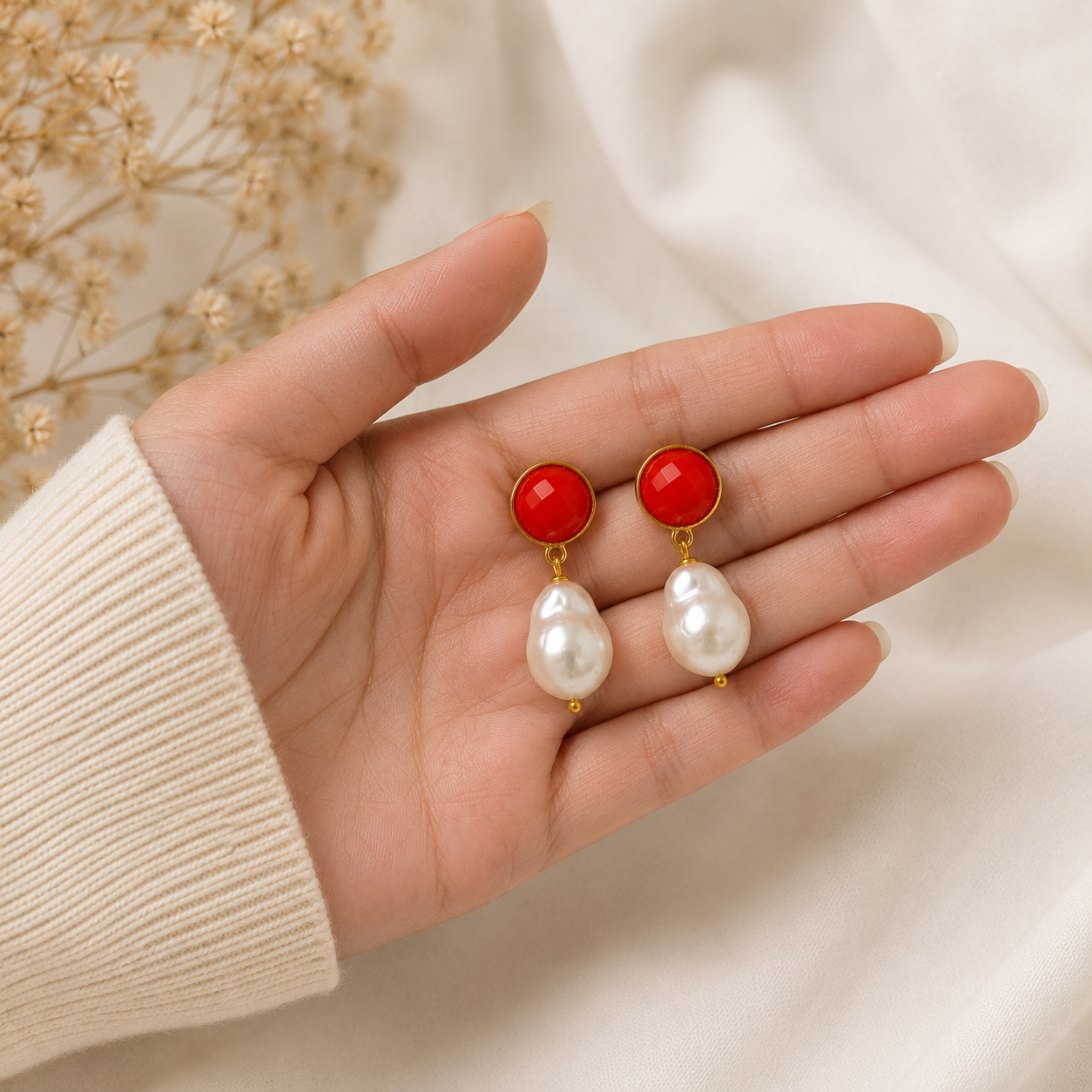 The Scarlet Baroque Pearl Drops – Gold Plated Red Cabochon Statement Earrings