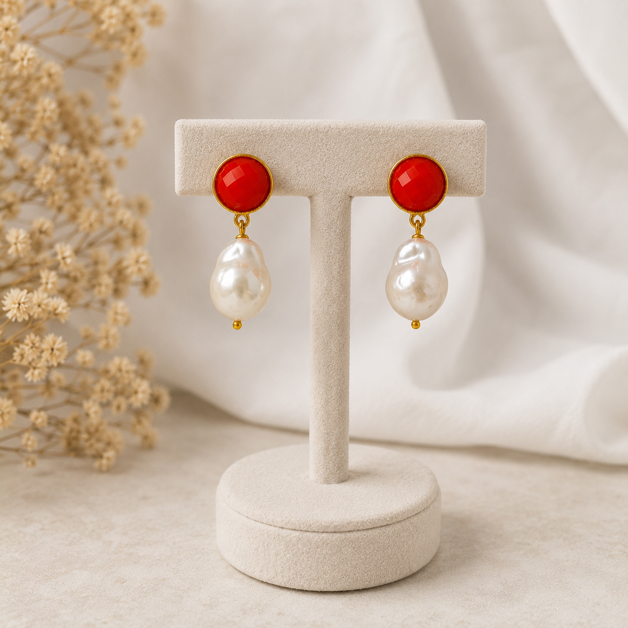The Scarlet Baroque Pearl Drops – Gold Plated Red Cabochon Statement Earrings
