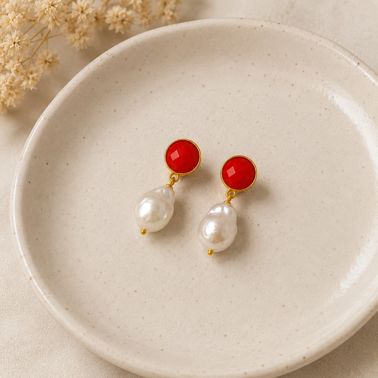 The Scarlet Baroque Pearl Drops – Gold Plated Red Cabochon Statement Earrings