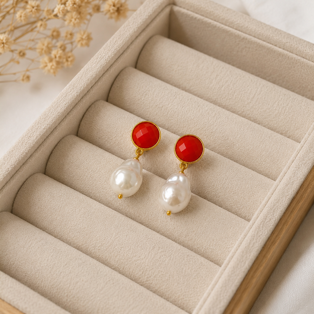 The Scarlet Baroque Pearl Drops – Gold Plated Red Cabochon Statement Earrings