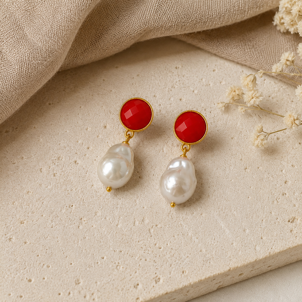 The Scarlet Baroque Pearl Drops – Gold Plated Red Cabochon Statement Earrings