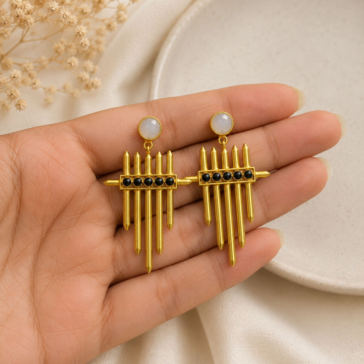 Cosmic Meridian Spire Earrings – Gold Plated Geometric Talisman Drop Earrings