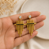 Cosmic Meridian Spire Earrings – Gold Plated Geometric Talisman Drop Earrings