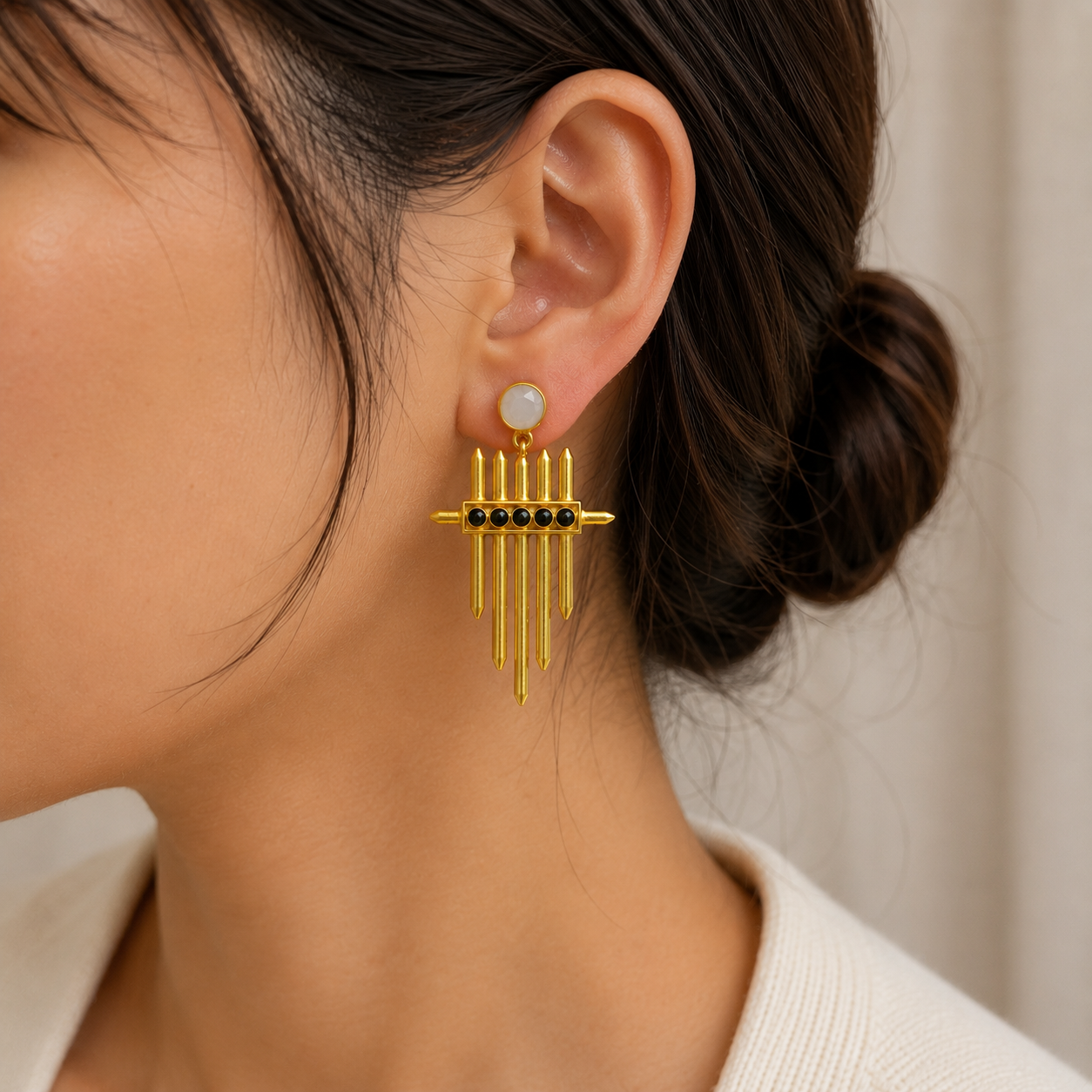 Cosmic Meridian Spire Earrings – Gold Plated Geometric Talisman Drop Earrings