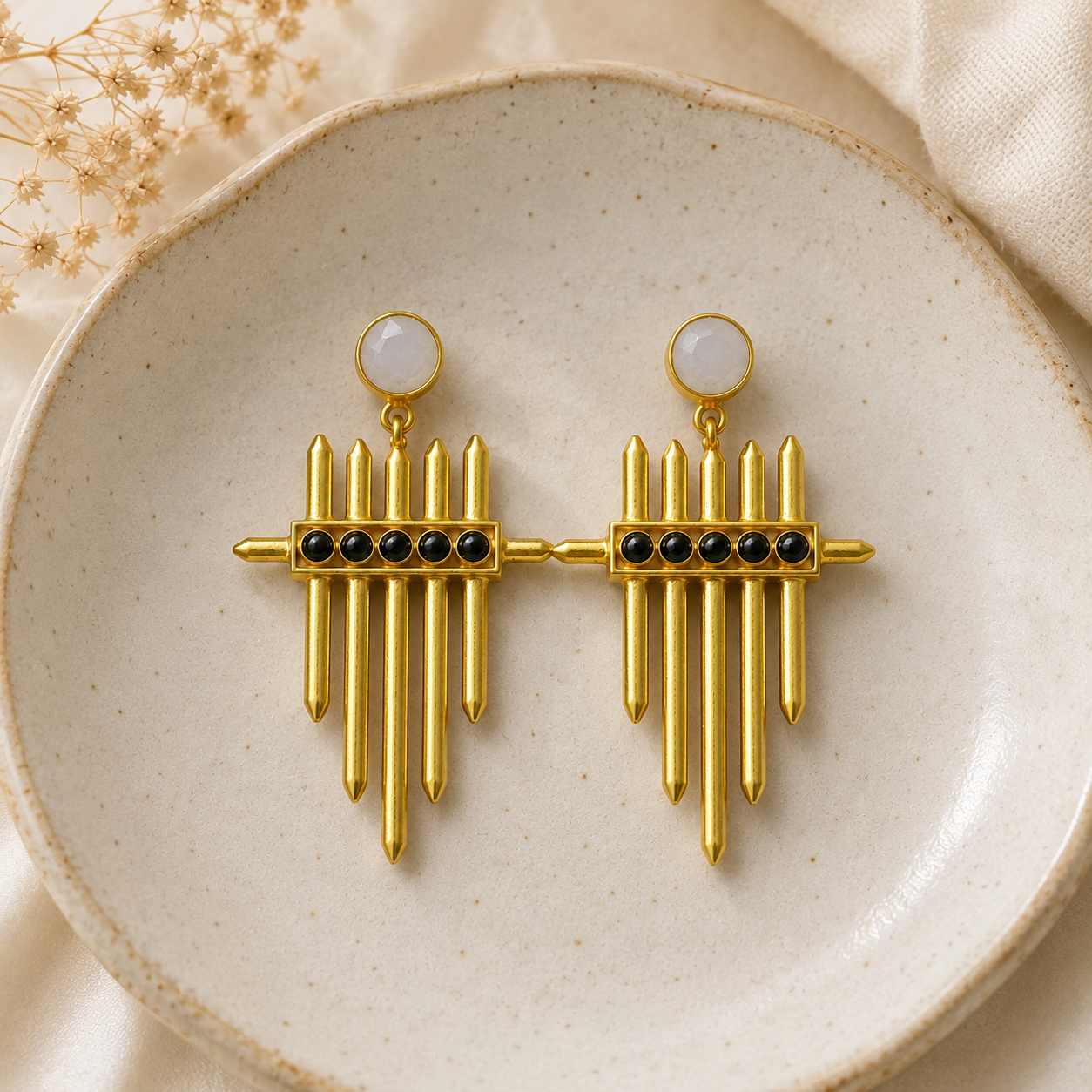 Cosmic Meridian Spire Earrings – Gold Plated Geometric Talisman Drop Earrings