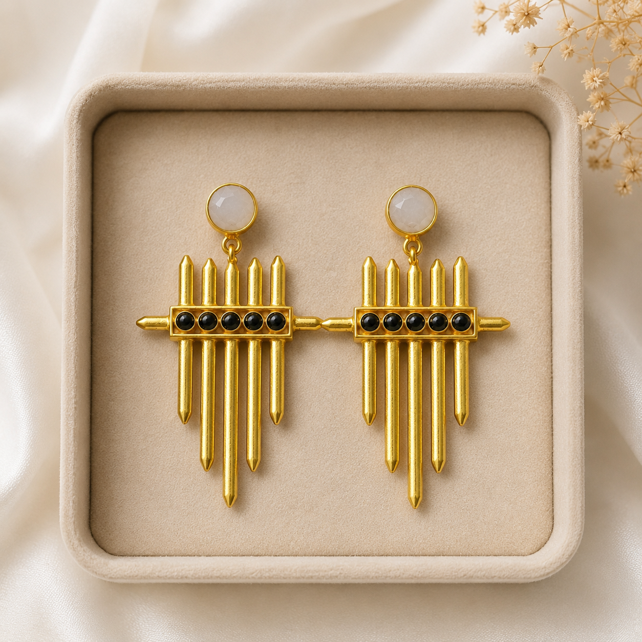 Cosmic Meridian Spire Earrings – Gold Plated Geometric Talisman Drop Earrings