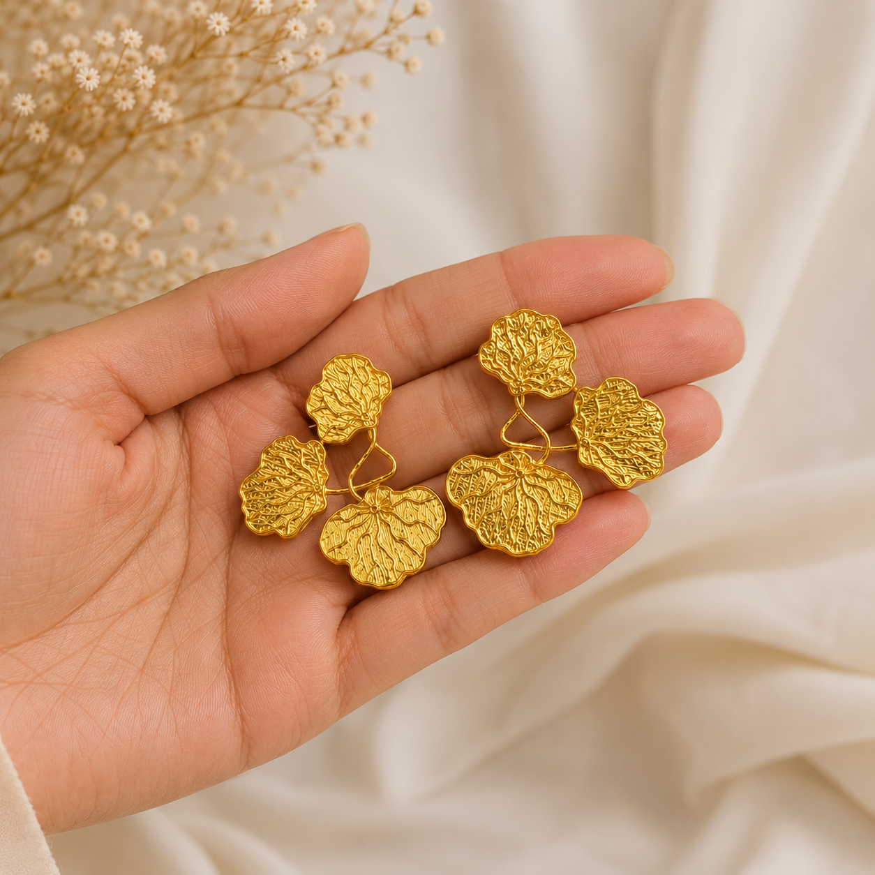 Lotus Leaf Aura Statement Earrings – Gold Plated Triple Cluster Botanical Stud Drops