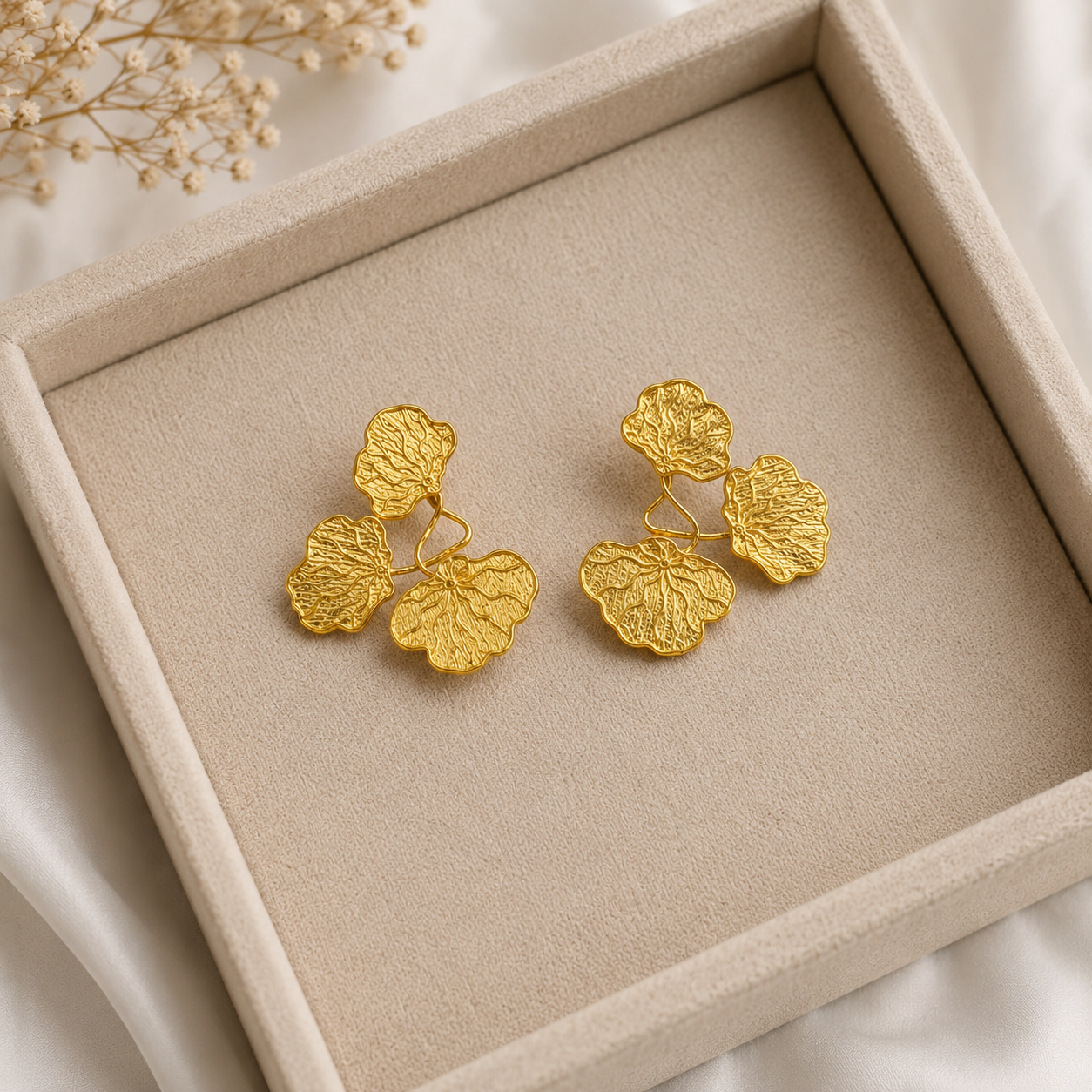 Lotus Leaf Aura Statement Earrings – Gold Plated Triple Cluster Botanical Stud Drops