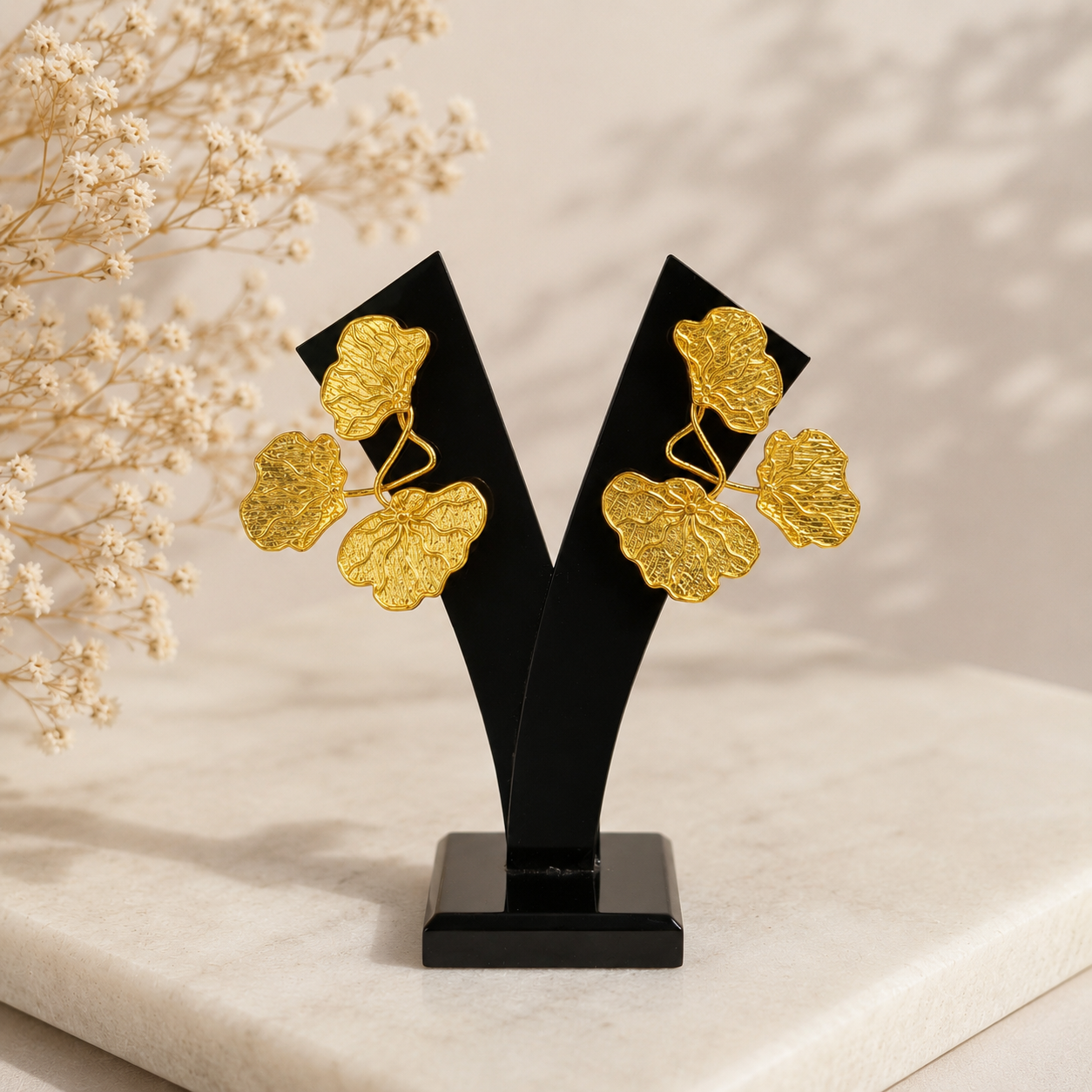 Lotus Leaf Aura Statement Earrings – Gold Plated Triple Cluster Botanical Stud Drops