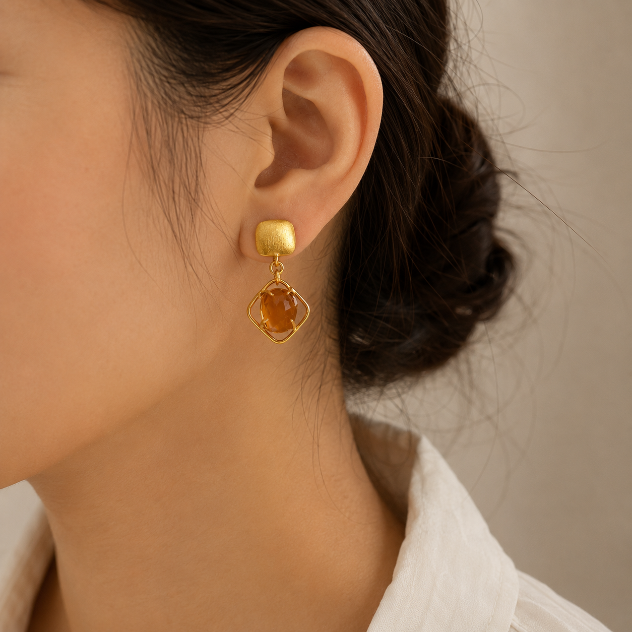 Satin Gold Diamond Cage Earrings – Citrine-Toned Statement Drops