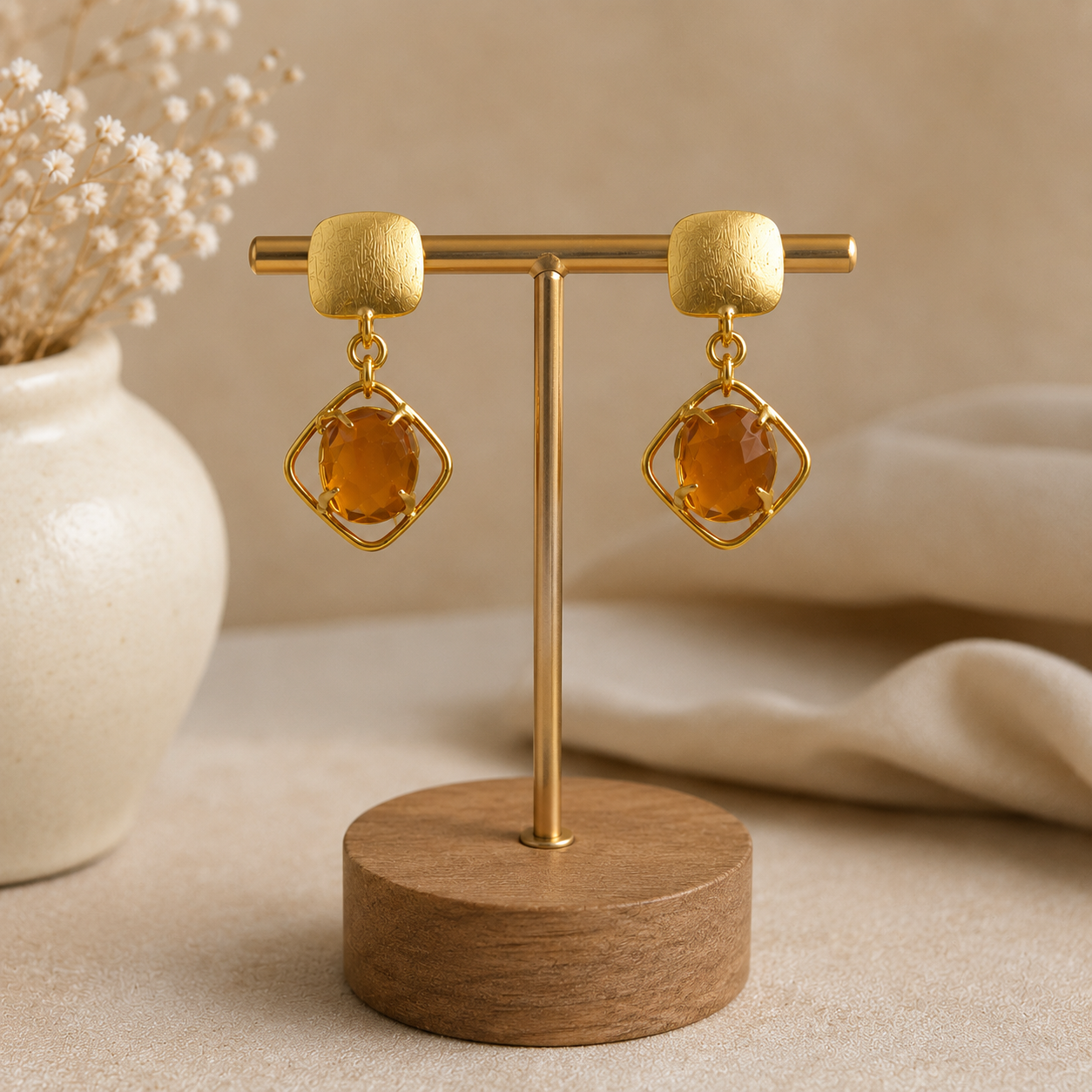 Satin Gold Diamond Cage Earrings – Citrine-Toned Statement Drops