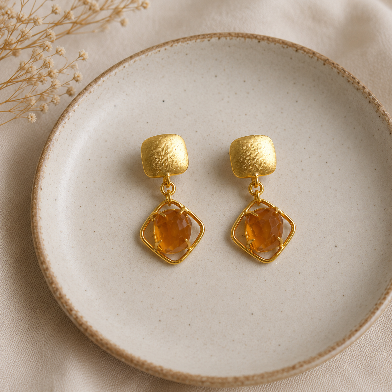 Satin Gold Diamond Cage Earrings – Citrine-Toned Statement Drops