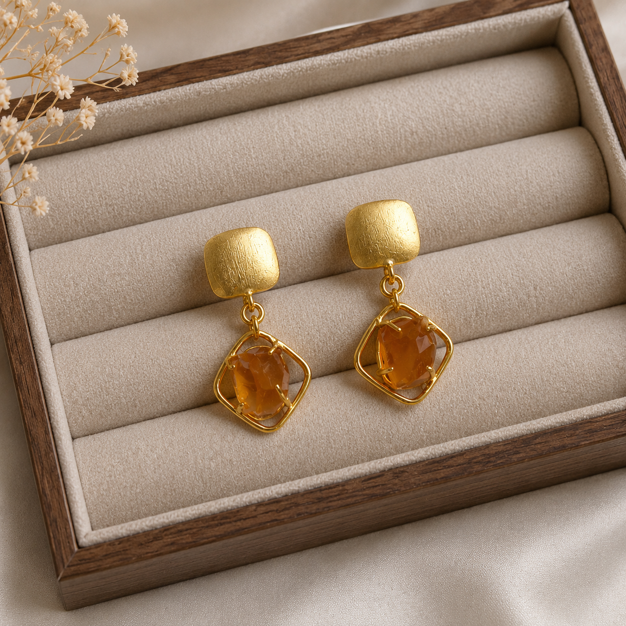 Satin Gold Diamond Cage Earrings – Citrine-Toned Statement Drops