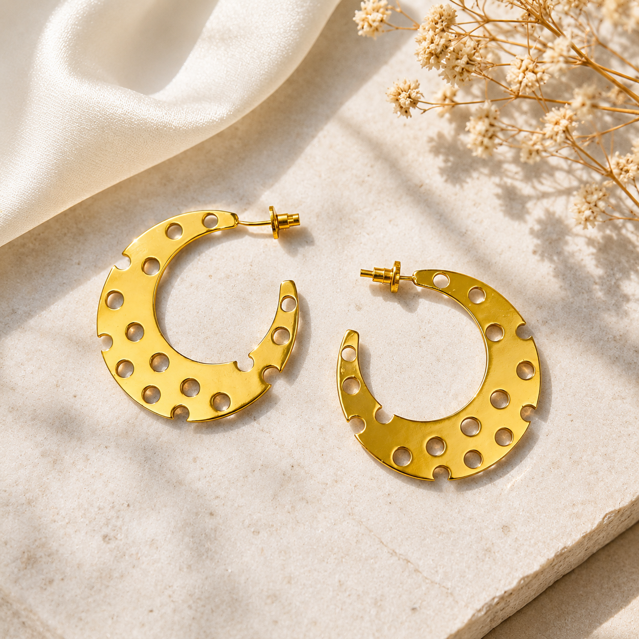 Cyber Crescent Perforated Hoops – 18K Gold Plated Architectural Statement Earrings