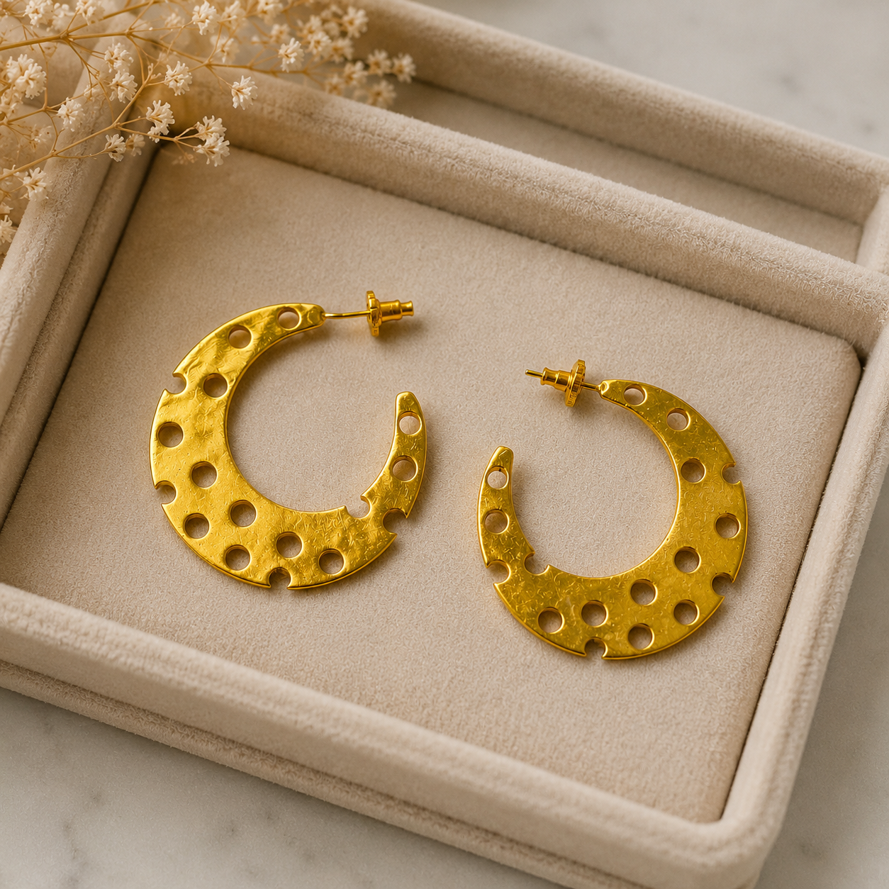 Cyber Crescent Perforated Hoops – 18K Gold Plated Architectural Statement Earrings