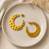 Cyber Crescent Perforated Hoops – 18K Gold Plated Architectural Statement Earrings
