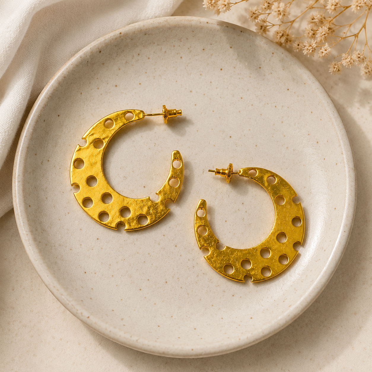 Cyber Crescent Perforated Hoops – 18K Gold Plated Architectural Statement Earrings