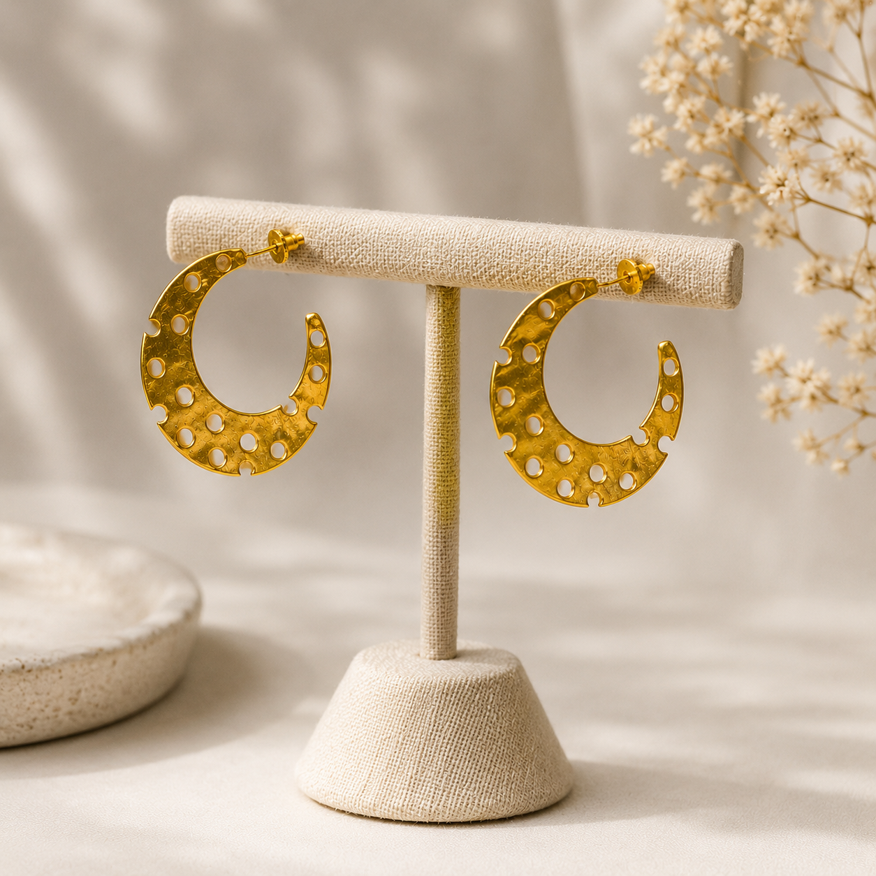 Cyber Crescent Perforated Hoops – 18K Gold Plated Architectural Statement Earrings
