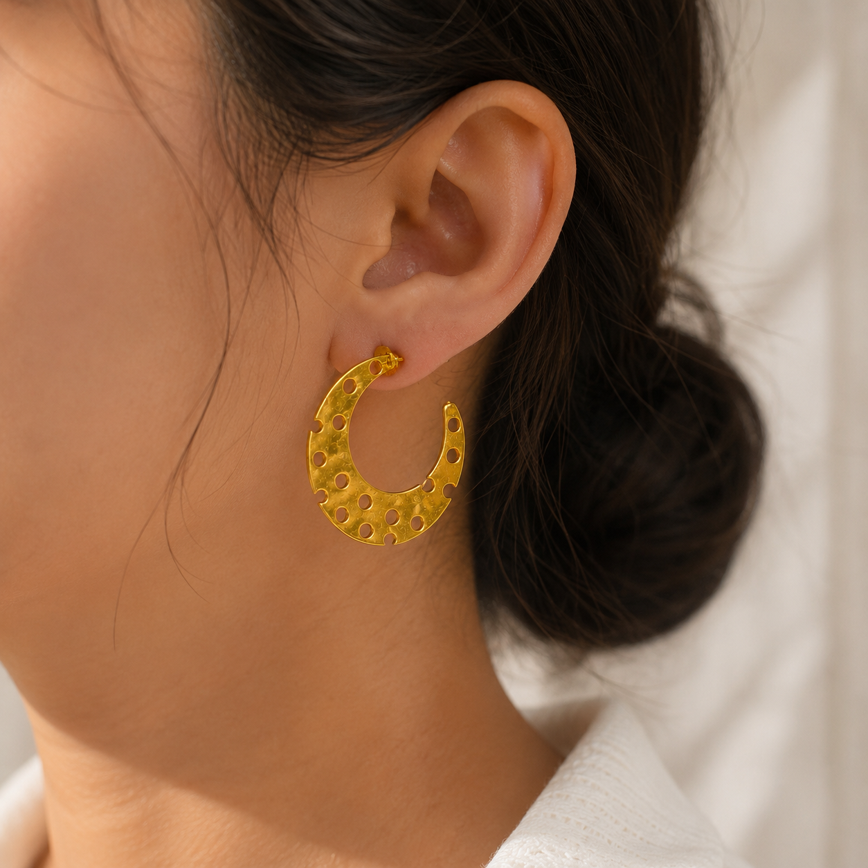 Cyber Crescent Perforated Hoops – 18K Gold Plated Architectural Statement Earrings