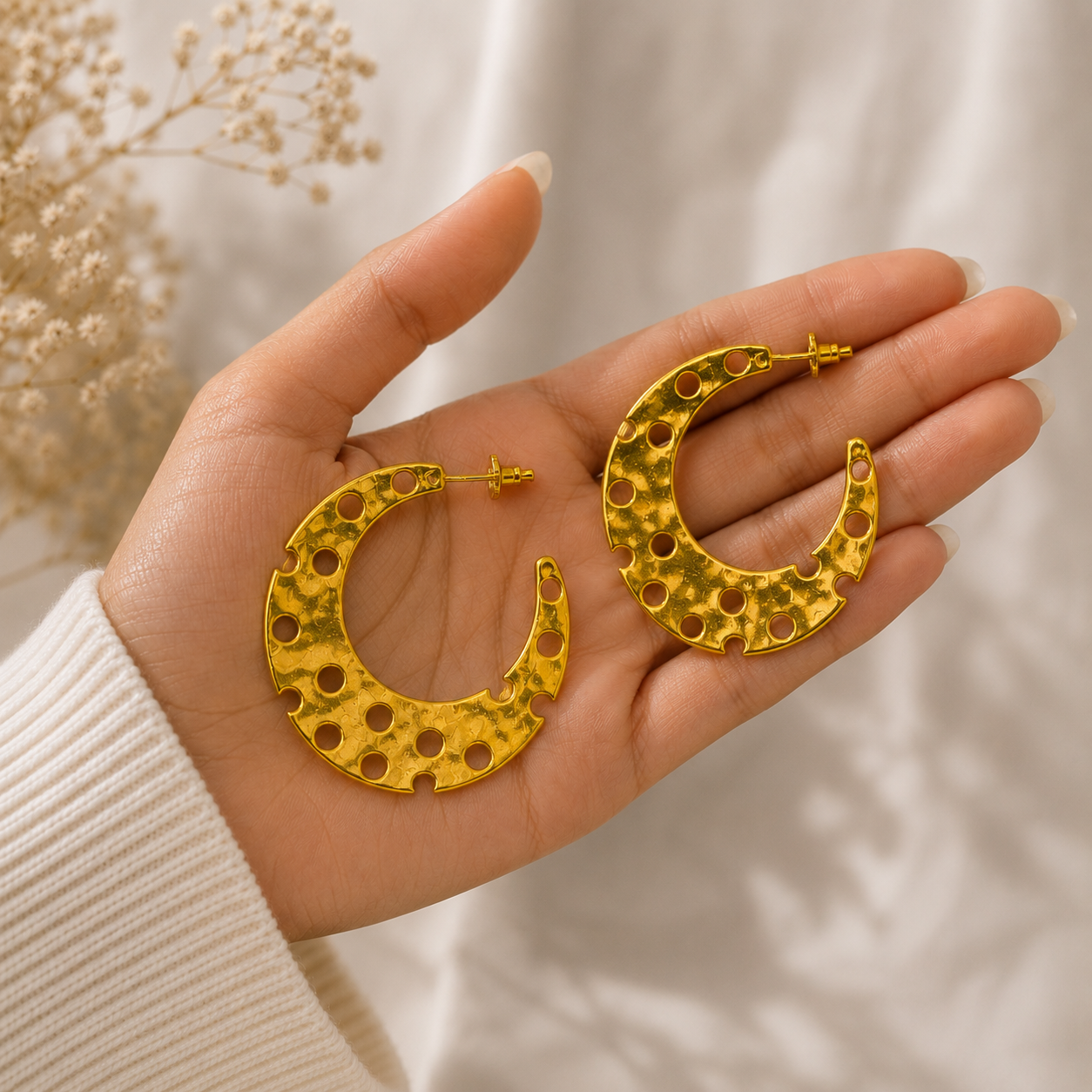 Cyber Crescent Perforated Hoops – 18K Gold Plated Architectural Statement Earrings