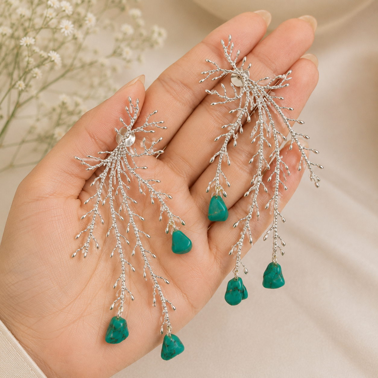Alpine Branch Raw Stone Drops – Silver Plated Chandelier Statement Earrings