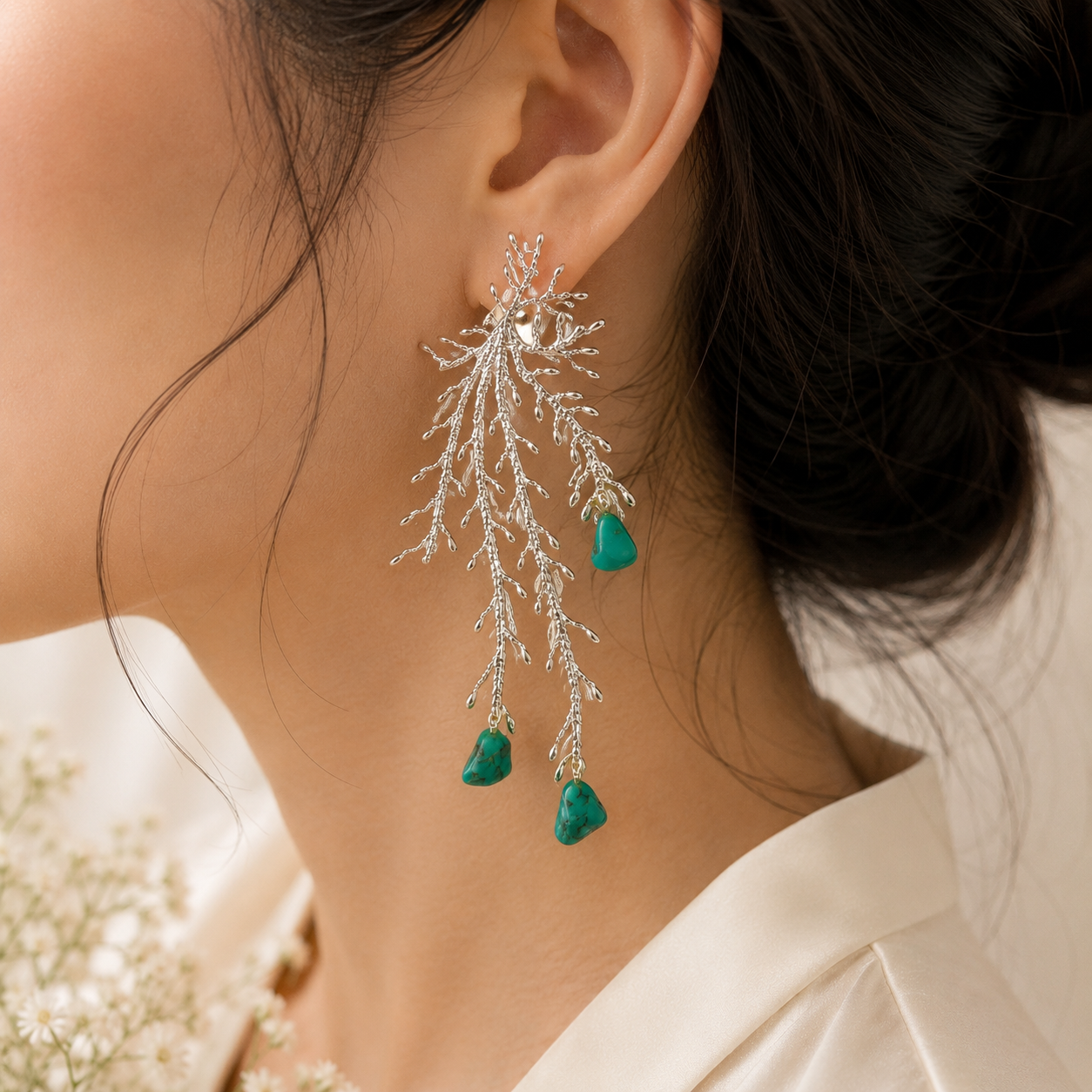 Alpine Branch Raw Stone Drops – Silver Plated Chandelier Statement Earrings