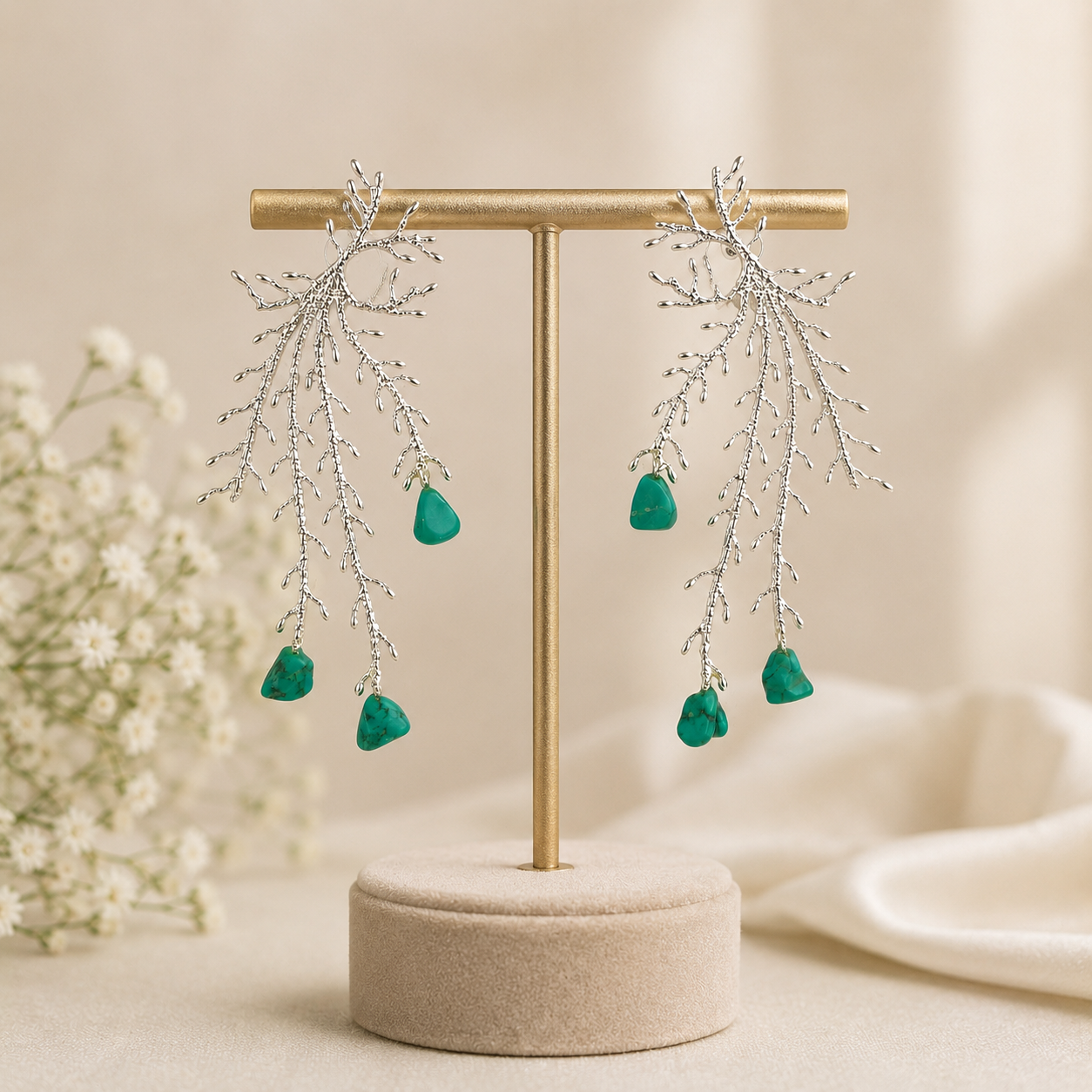 Alpine Branch Raw Stone Drops – Silver Plated Chandelier Statement Earrings