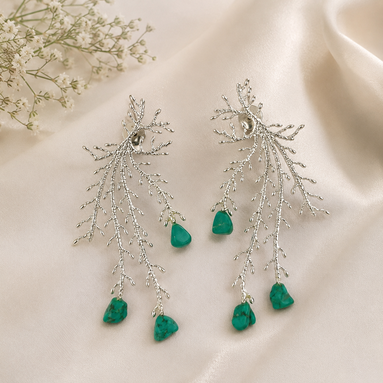 Alpine Branch Raw Stone Drops – Silver Plated Chandelier Statement Earrings