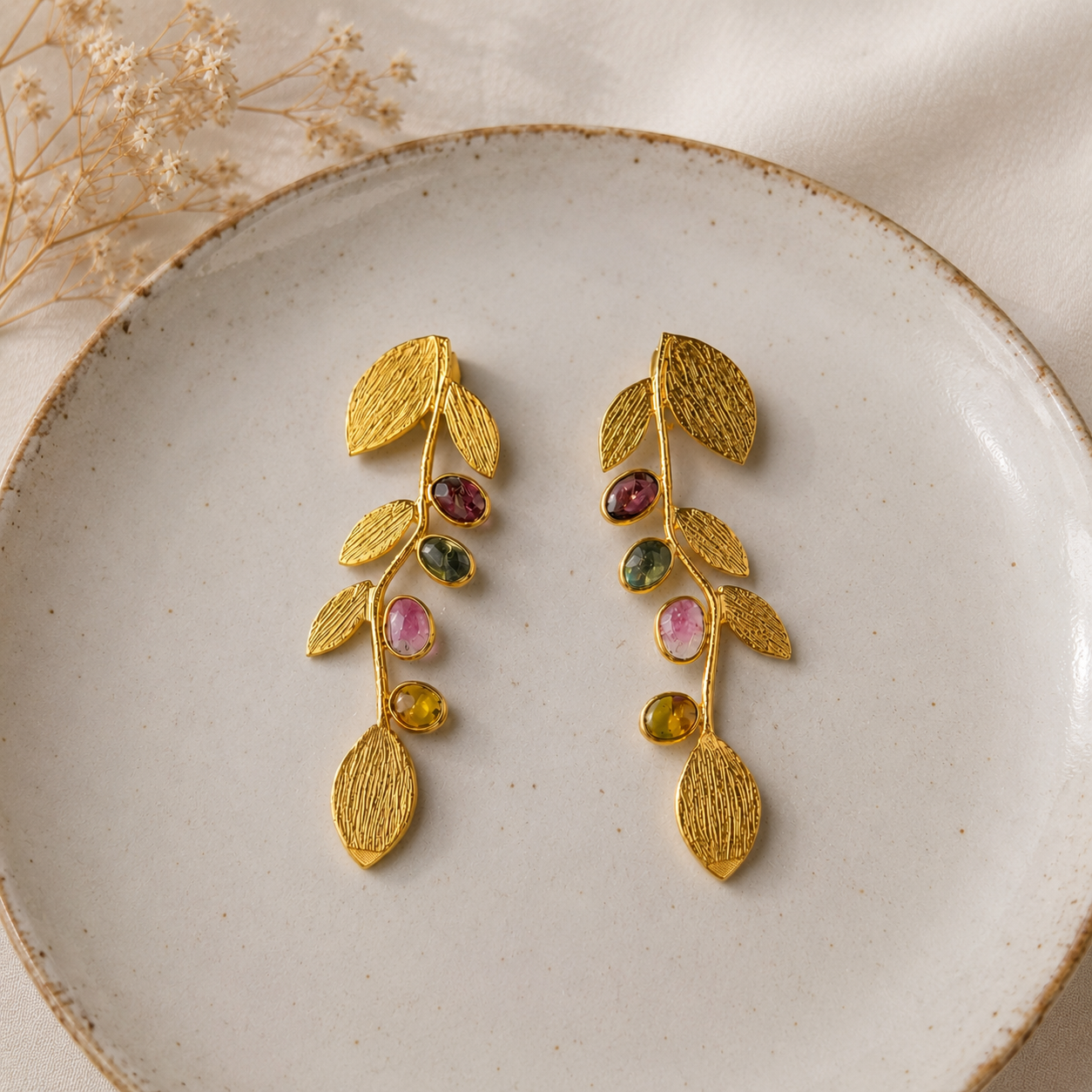 Matrix Textured Plate Earrings – 18K Gold Plated Botanical Vine Drops