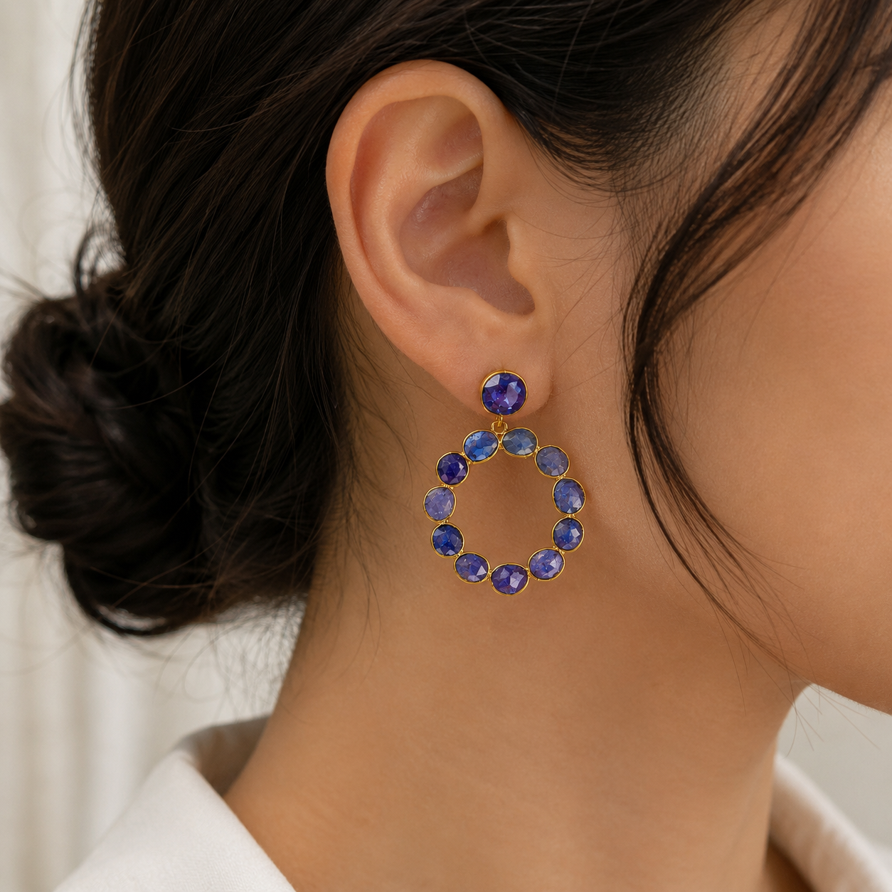 Imperial Eternity Stone Hoops – Gold Plated Indigo Calsi Statement Drop Earrings