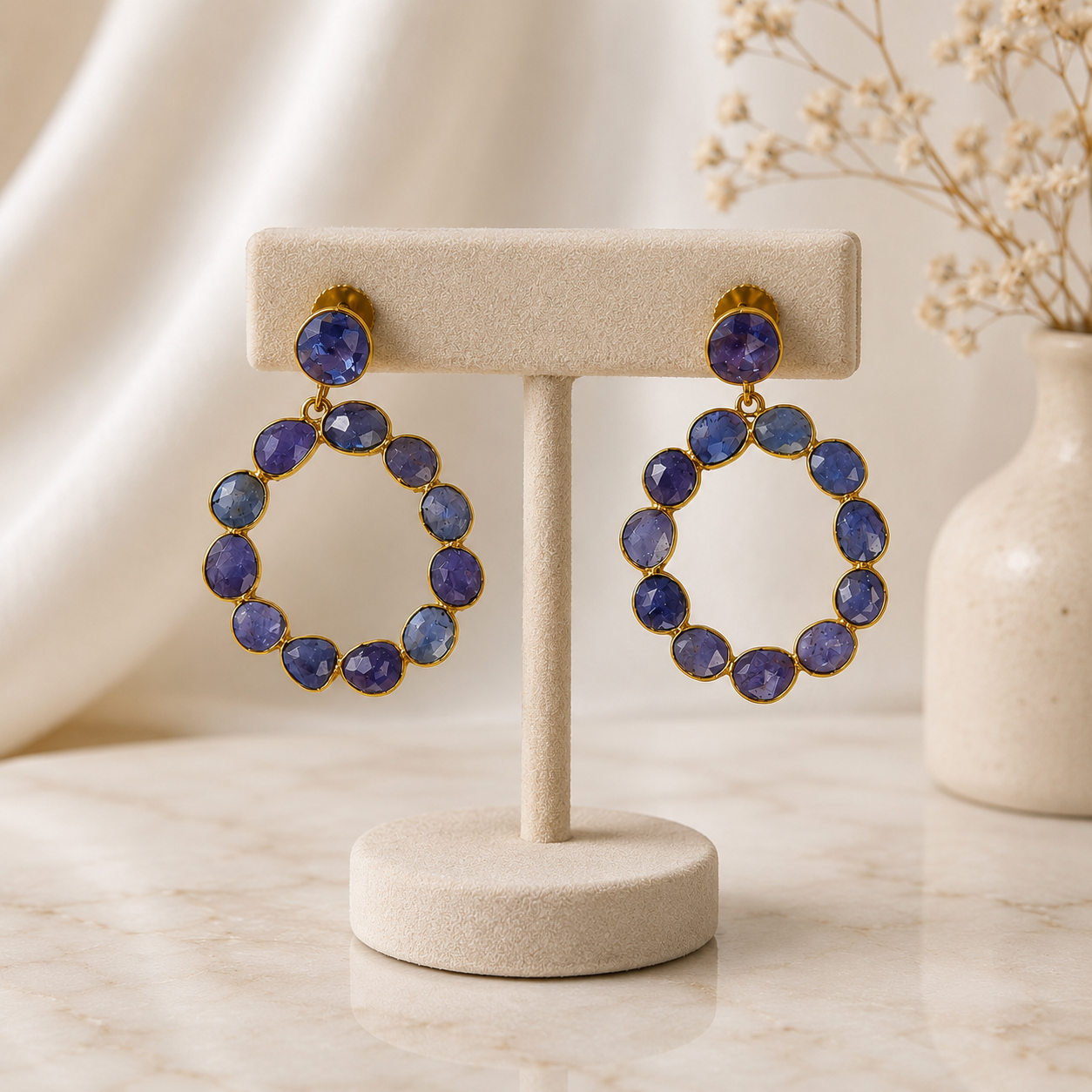 Imperial Eternity Stone Hoops – Gold Plated Indigo Calsi Statement Drop Earrings