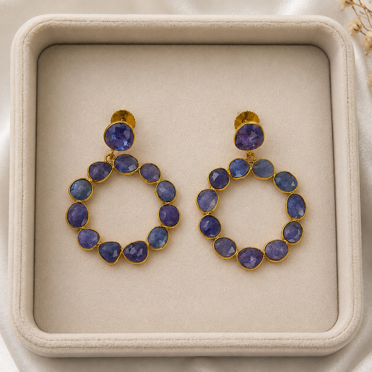 Imperial Eternity Stone Hoops – Gold Plated Indigo Calsi Statement Drop Earrings
