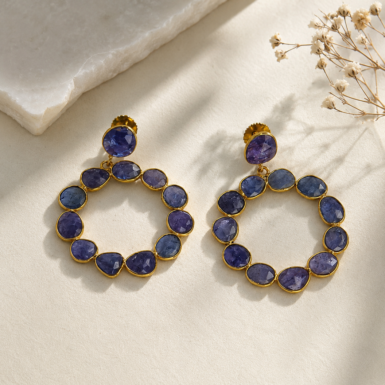 Imperial Eternity Stone Hoops – Gold Plated Indigo Calsi Statement Drop Earrings