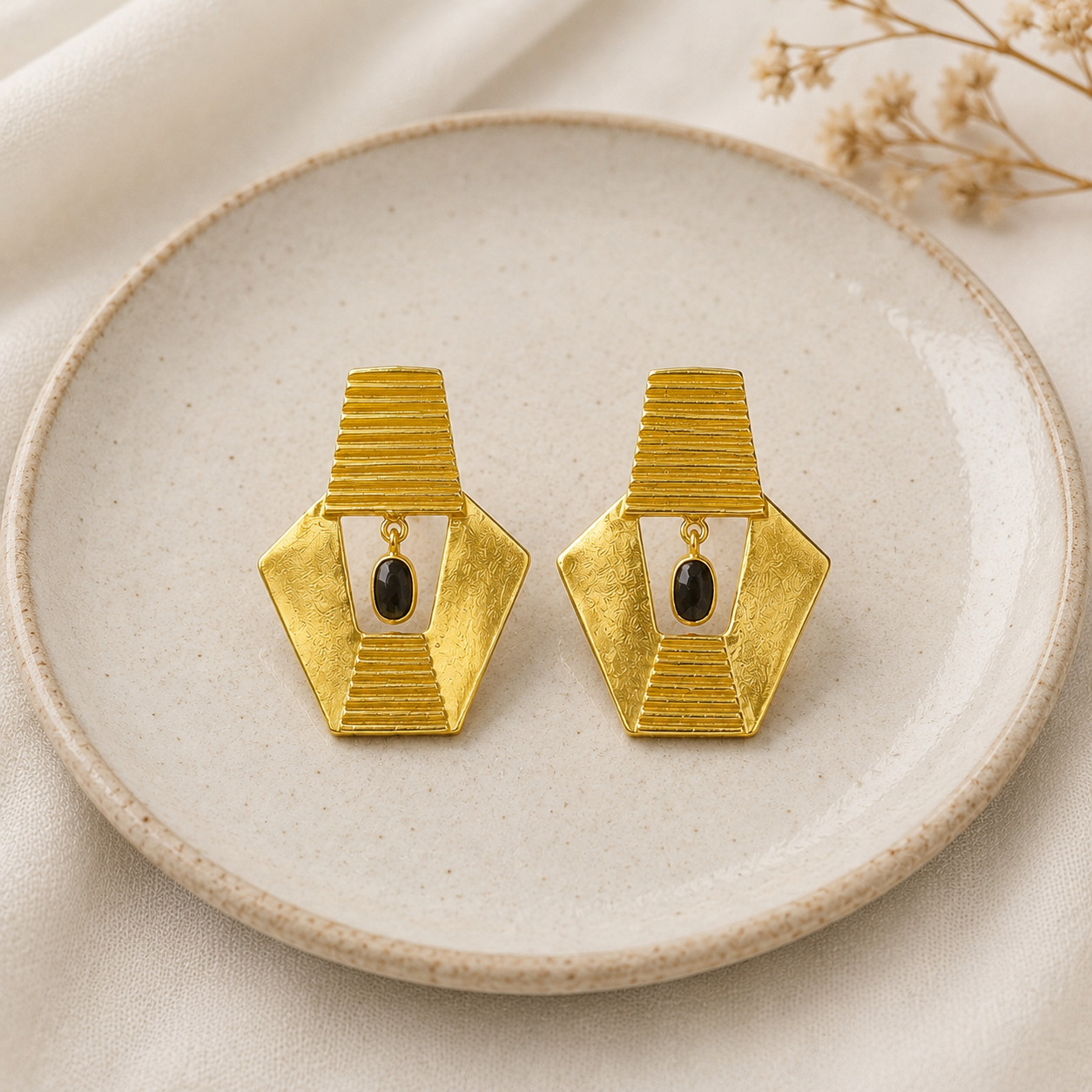 Cleopatra Ribbed Earrings – 18K Gold Plated Egyptian Shield Stud Drops
