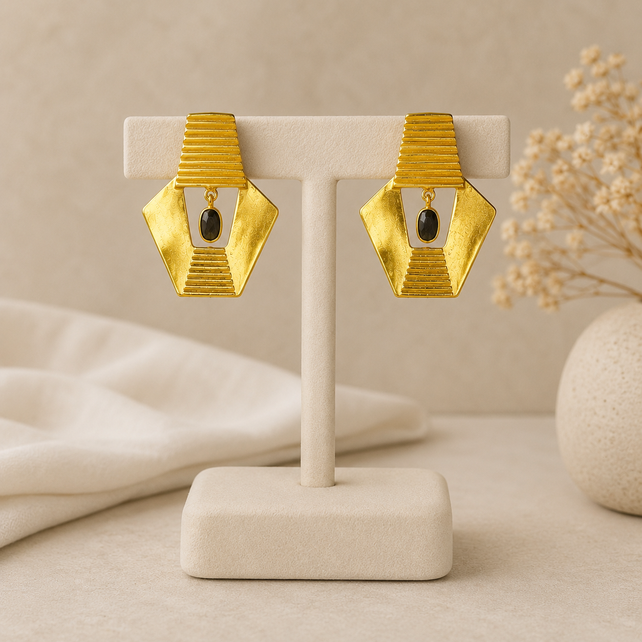 Cleopatra Ribbed Earrings – 18K Gold Plated Egyptian Shield Stud Drops