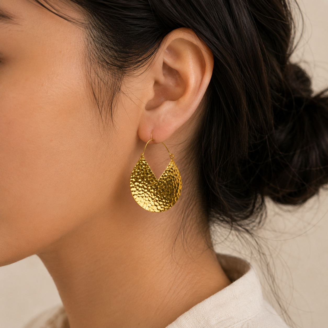 Earthy Nomad Textured Crescent Drops – 18K Gold Plated Hammered Statement Hoop Earrings