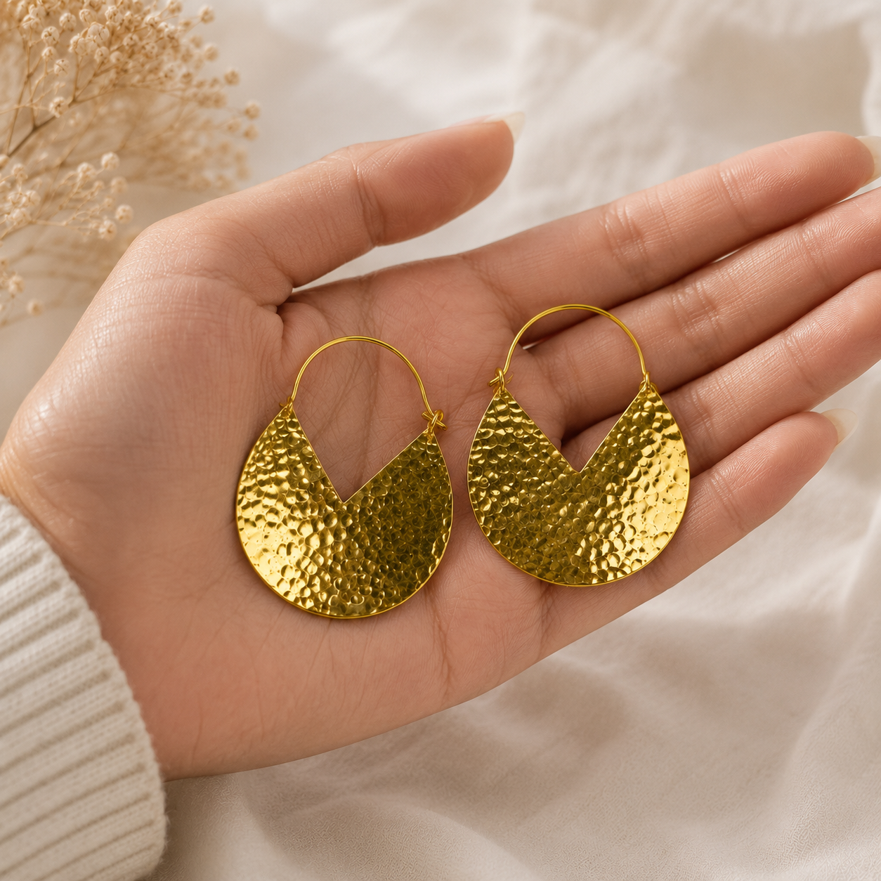 Earthy Nomad Textured Crescent Drops – 18K Gold Plated Hammered Statement Hoop Earrings