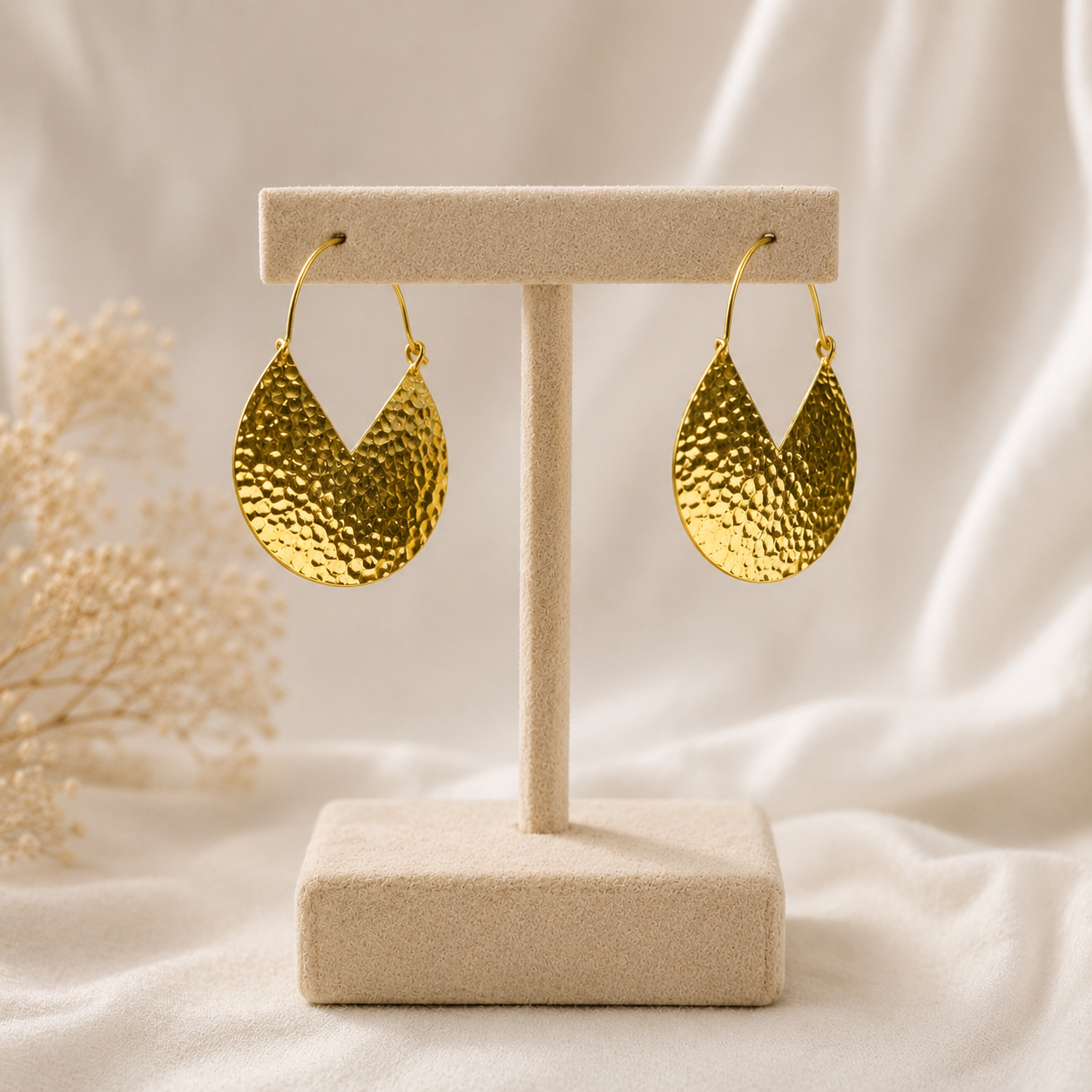 Earthy Nomad Textured Crescent Drops – 18K Gold Plated Hammered Statement Hoop Earrings