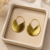 Earthy Nomad Textured Crescent Drops – 18K Gold Plated Hammered Statement Hoop Earrings