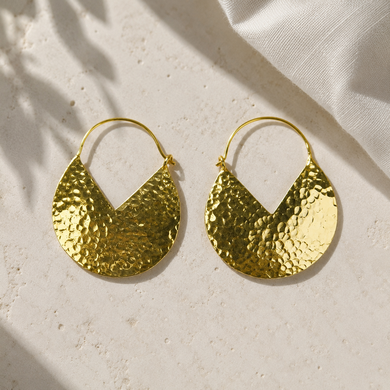 Earthy Nomad Textured Crescent Drops – 18K Gold Plated Hammered Statement Hoop Earrings
