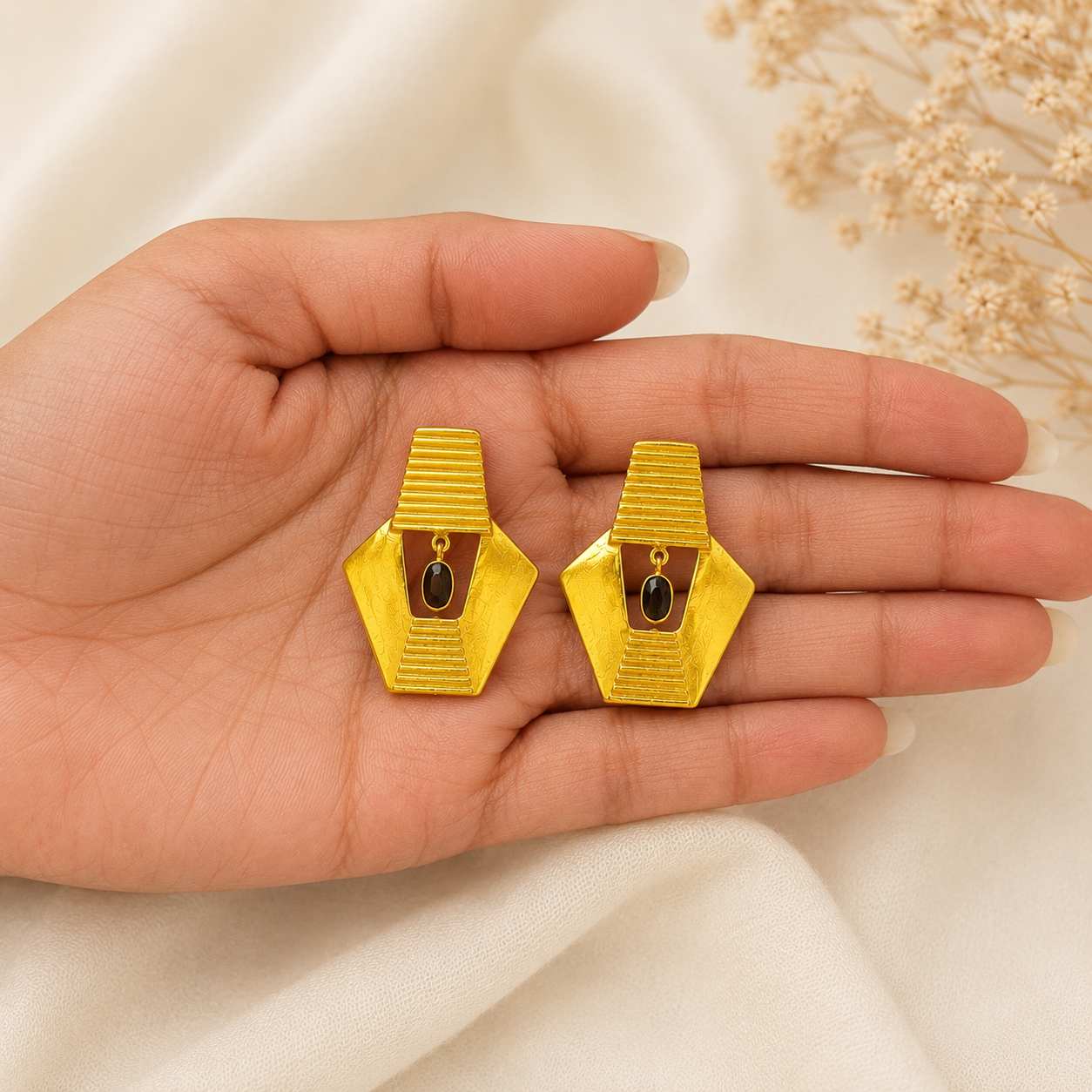 Cleopatra Ribbed Earrings – 18K Gold Plated Egyptian Shield Stud Drops